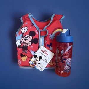 Disney Mickey Mouse Swim Vest and Life Jacket and plastic sippy cup Bundle